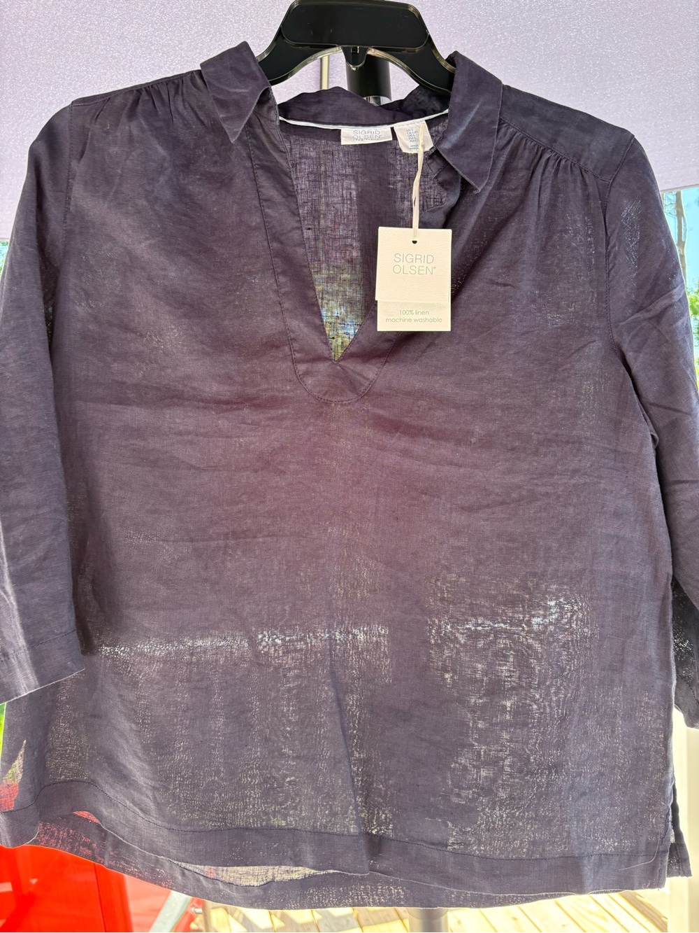 Sigrid Olsen Women’s Navy Linen V-Neck Shirt